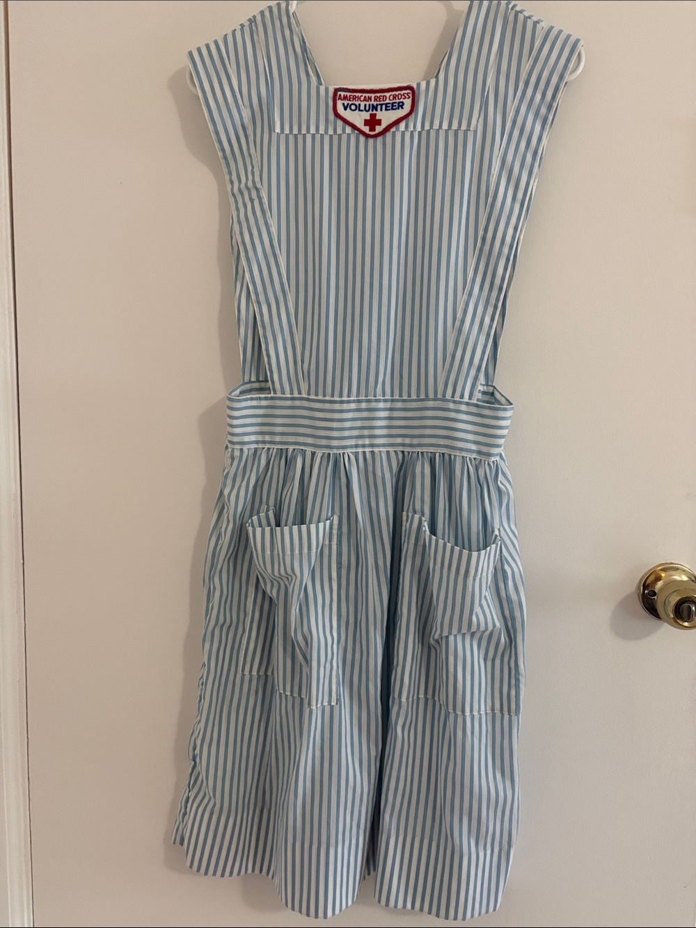 Vintage American Red Cross Youth Pinafore Blue Stripes XS